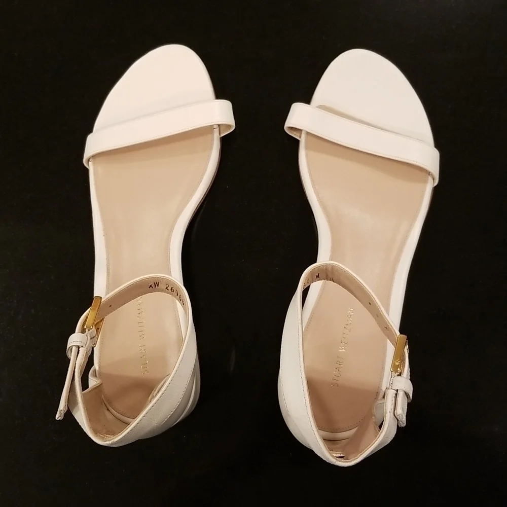 💕STUART WEITZMAN💕 Low Block Heel Leather Sandals White 8.5 Comfortable All Day